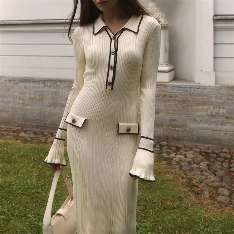 French Luxury Ruffle Trim Knit Dress | Collared Midi Sweater Dress(MS199) - Image 7