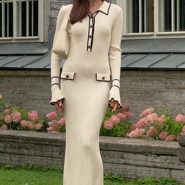 French Luxury Ruffle Trim Knit Dress | Collared Midi Sweater Dress(MS199) - Image 8