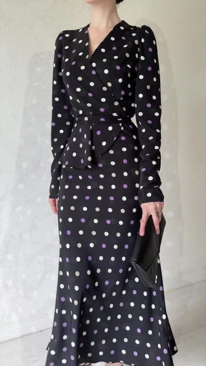 French Polka Dot V-Neck Fishtail Wedding and Holiday Dress Abaya (MA197) - Image 5