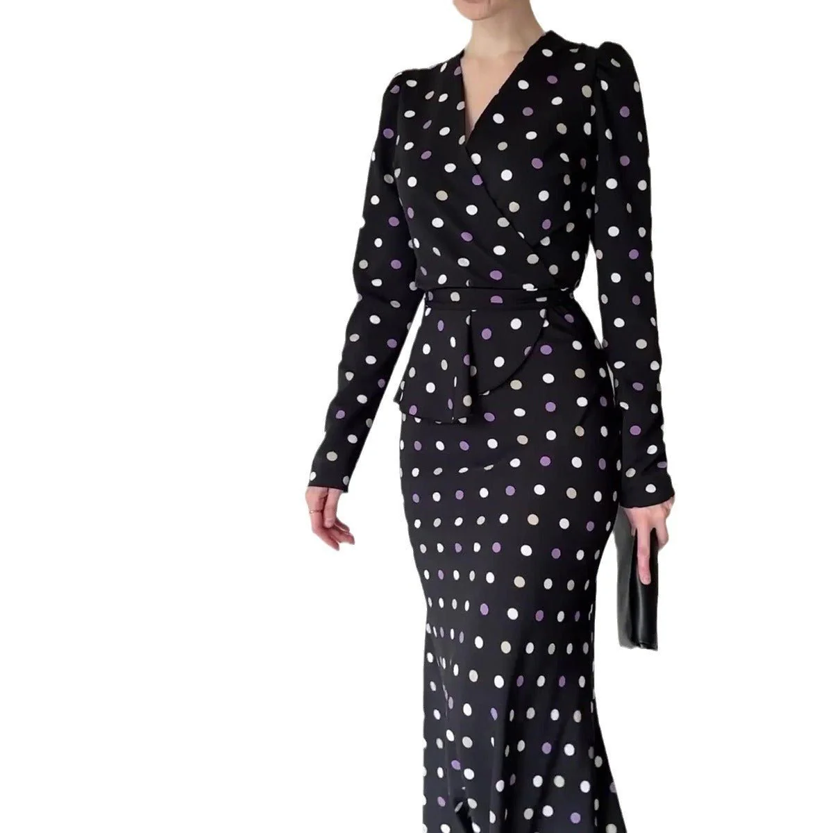French Polka Dot V-Neck Fishtail Wedding and Holiday Dress Abaya (MA197) - Image 6