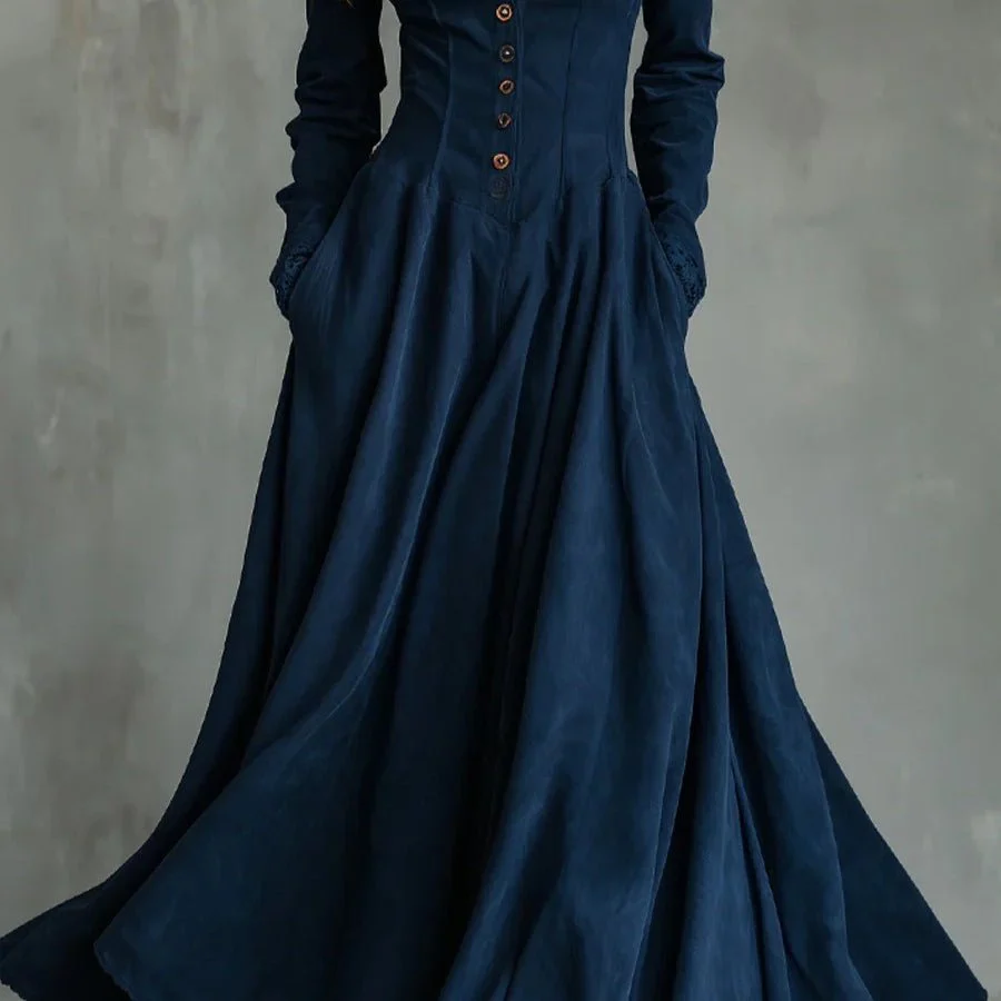 French Vintage Button-Front Dress with Lace Hem(MS329) - Image 3