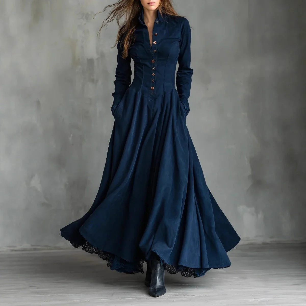 French Vintage Button-Front Dress with Lace Hem(MS329) - Image 4