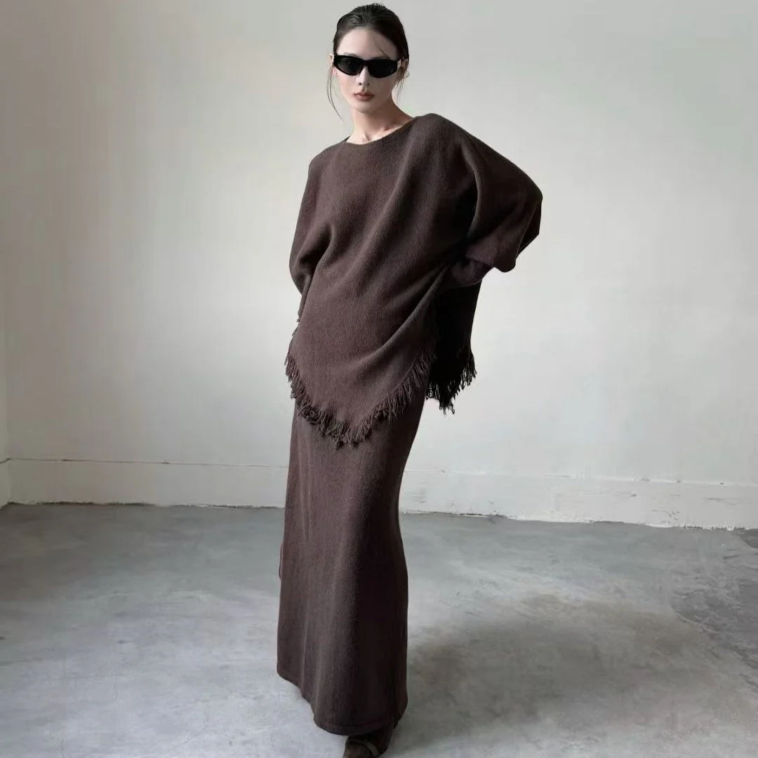 Fringed Knit Set With Batwing Sleeve Sweater And Midi Skirt (MS172) - Image 10