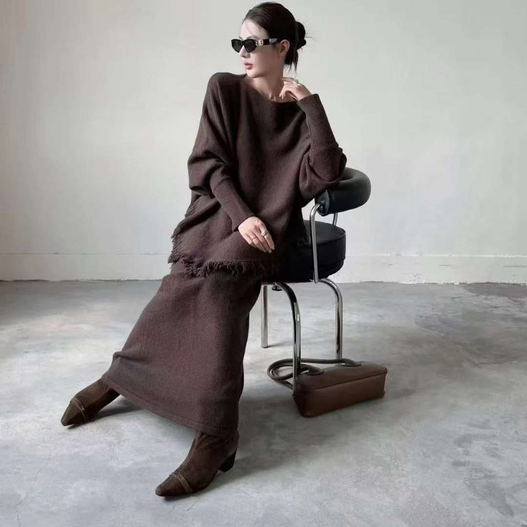 Fringed Knit Set With Batwing Sleeve Sweater And Midi Skirt (MS172) - Image 11