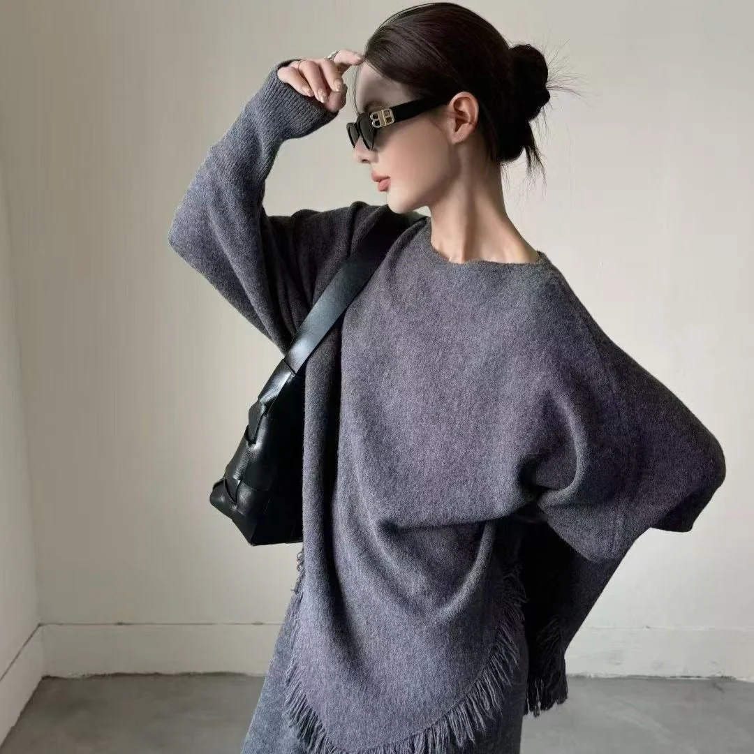 Fringed Knit Set With Batwing Sleeve Sweater And Midi Skirt (MS172) - Image 12
