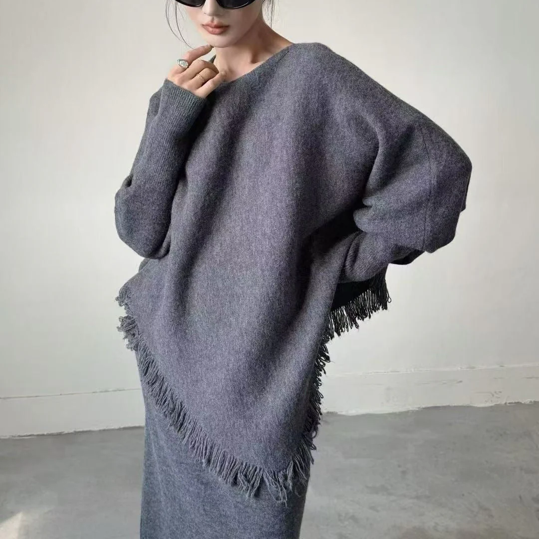 Fringed Knit Set With Batwing Sleeve Sweater And Midi Skirt (MS172) - Image 13