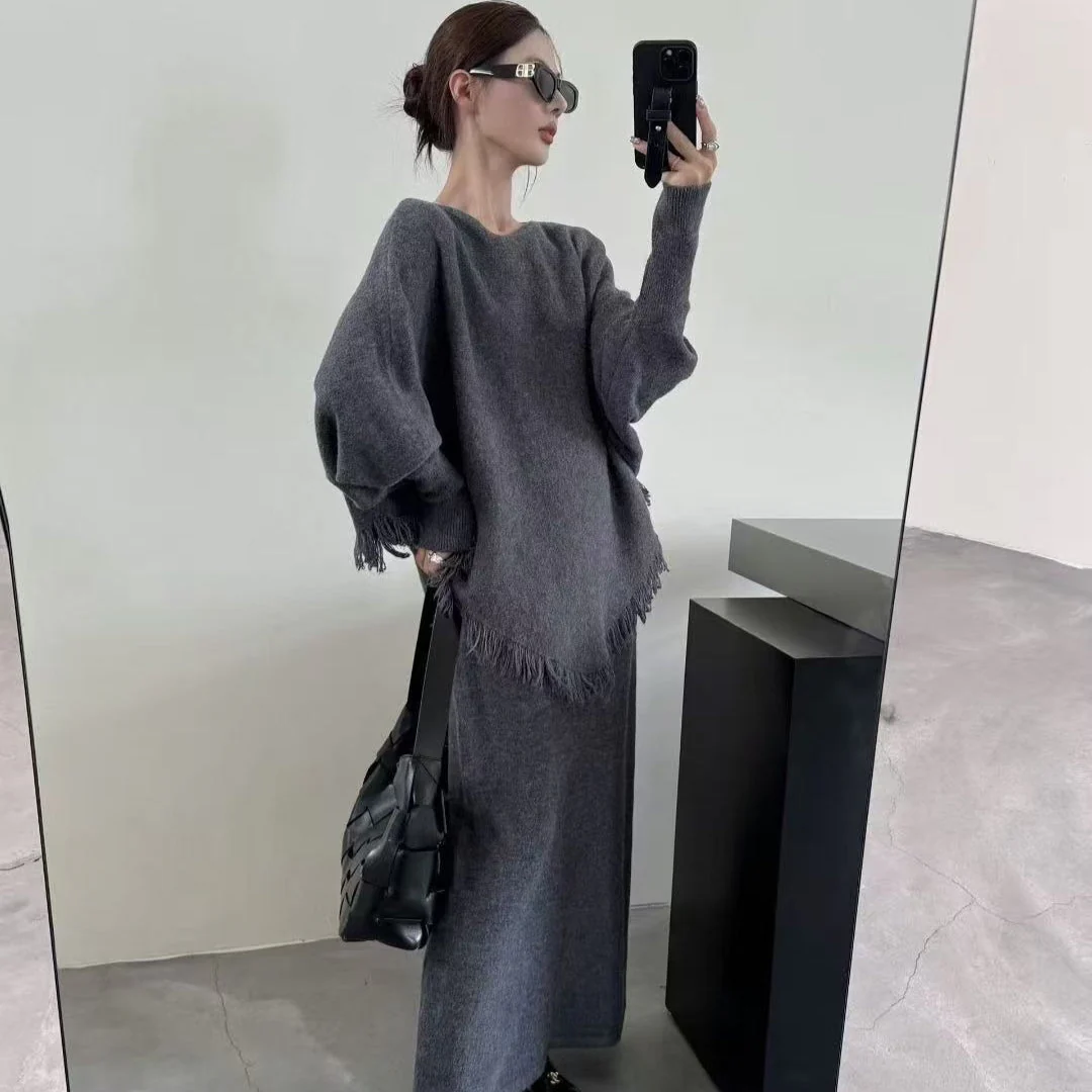 Fringed Knit Set With Batwing Sleeve Sweater And Midi Skirt (MS172) - Image 14
