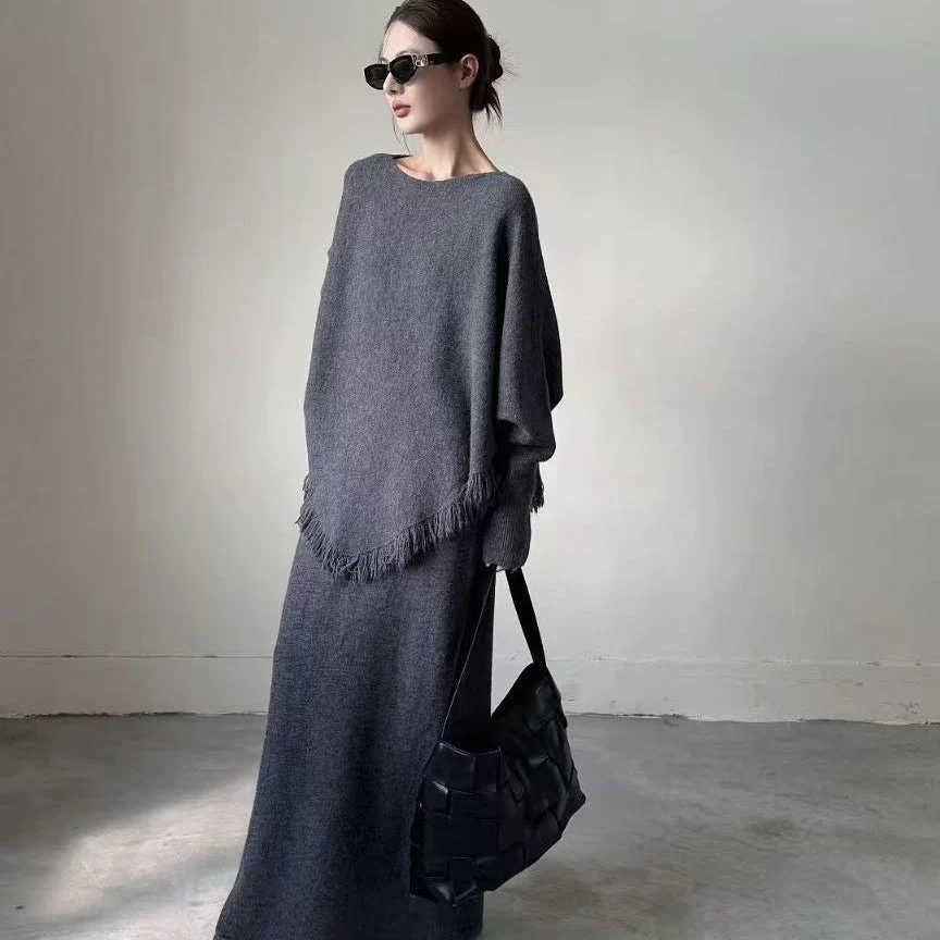 Fringed Knit Set With Batwing Sleeve Sweater And Midi Skirt (MS172) - Image 15