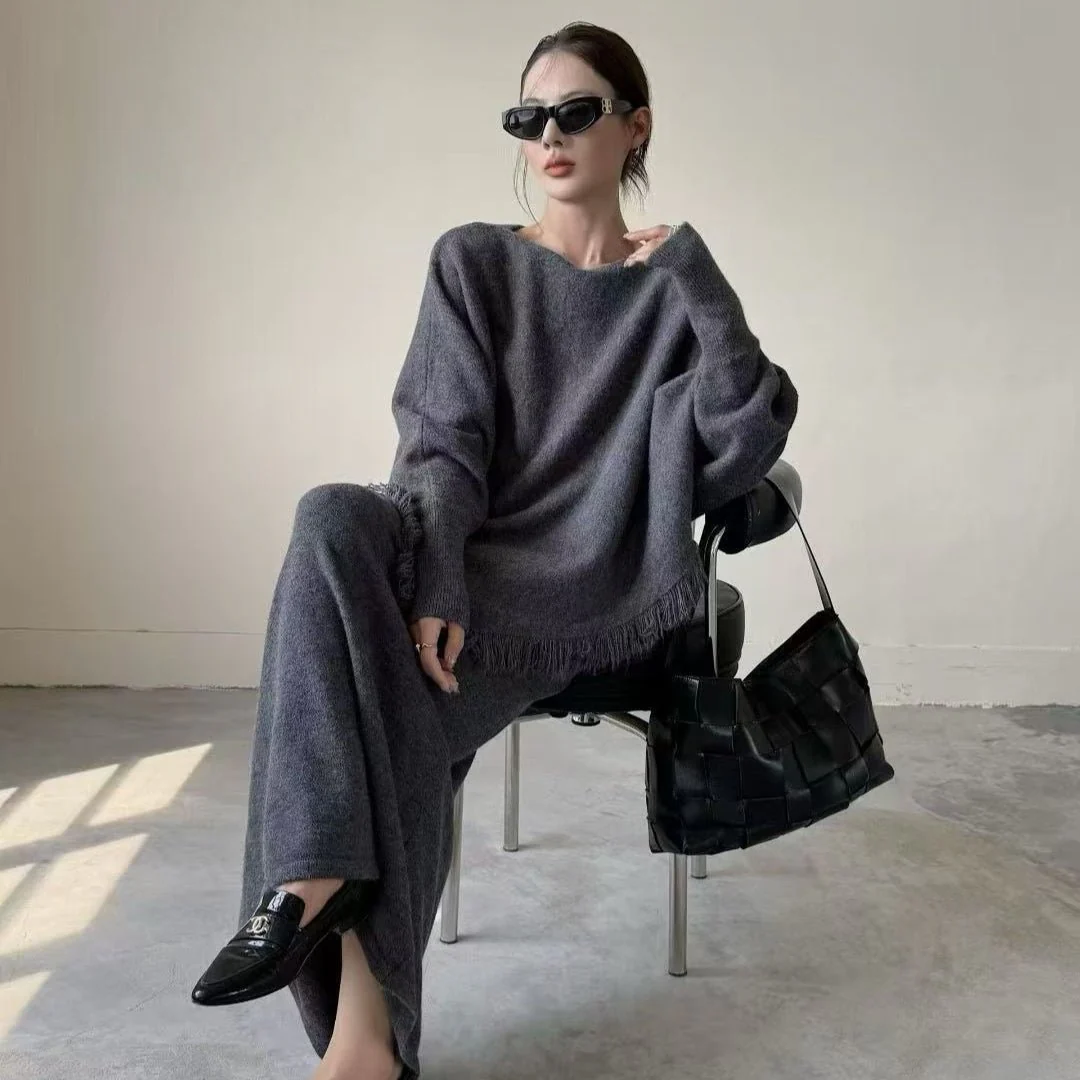 Fringed Knit Set With Batwing Sleeve Sweater And Midi Skirt (MS172) - Image 16