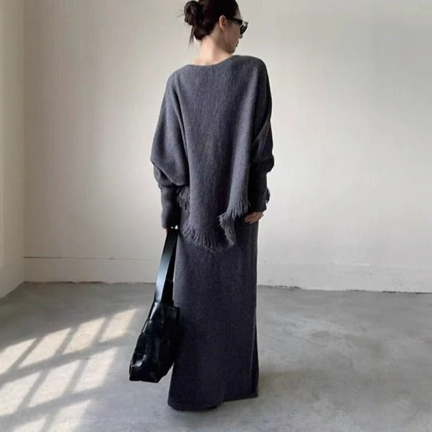 Fringed Knit Set With Batwing Sleeve Sweater And Midi Skirt (MS172) - Image 17
