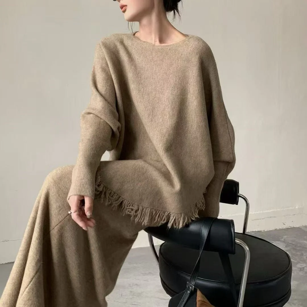 Fringed Knit Set With Batwing Sleeve Sweater And Midi Skirt (MS172) - Image 18