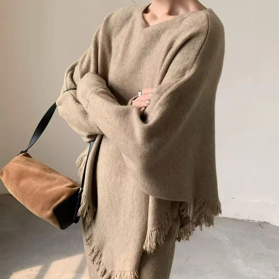 Fringed Knit Set With Batwing Sleeve Sweater And Midi Skirt (MS172) - Image 19
