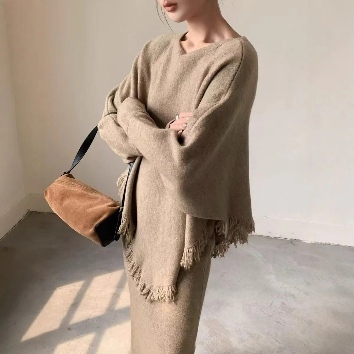Fringed Knit Set With Batwing Sleeve Sweater And Midi Skirt (MS172) - Image 2