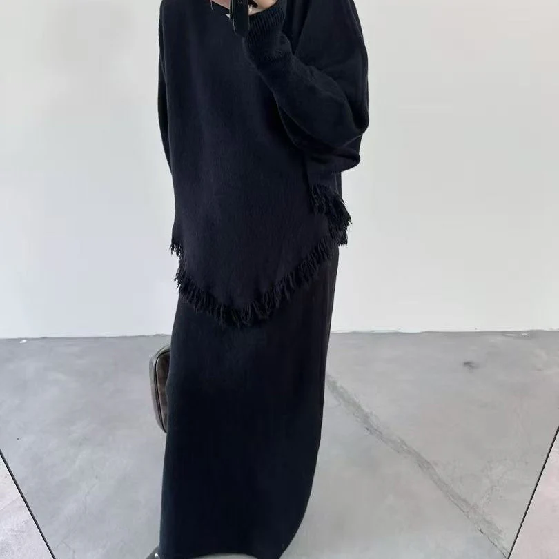 Fringed Knit Set With Batwing Sleeve Sweater And Midi Skirt (MS172) - Image 21