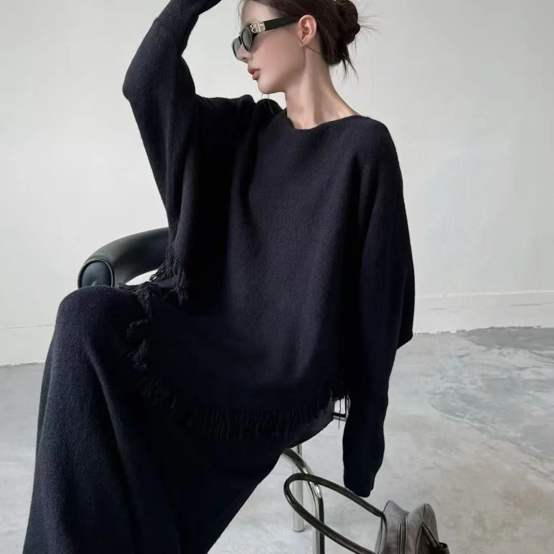 Fringed Knit Set With Batwing Sleeve Sweater And Midi Skirt (MS172) - Image 22