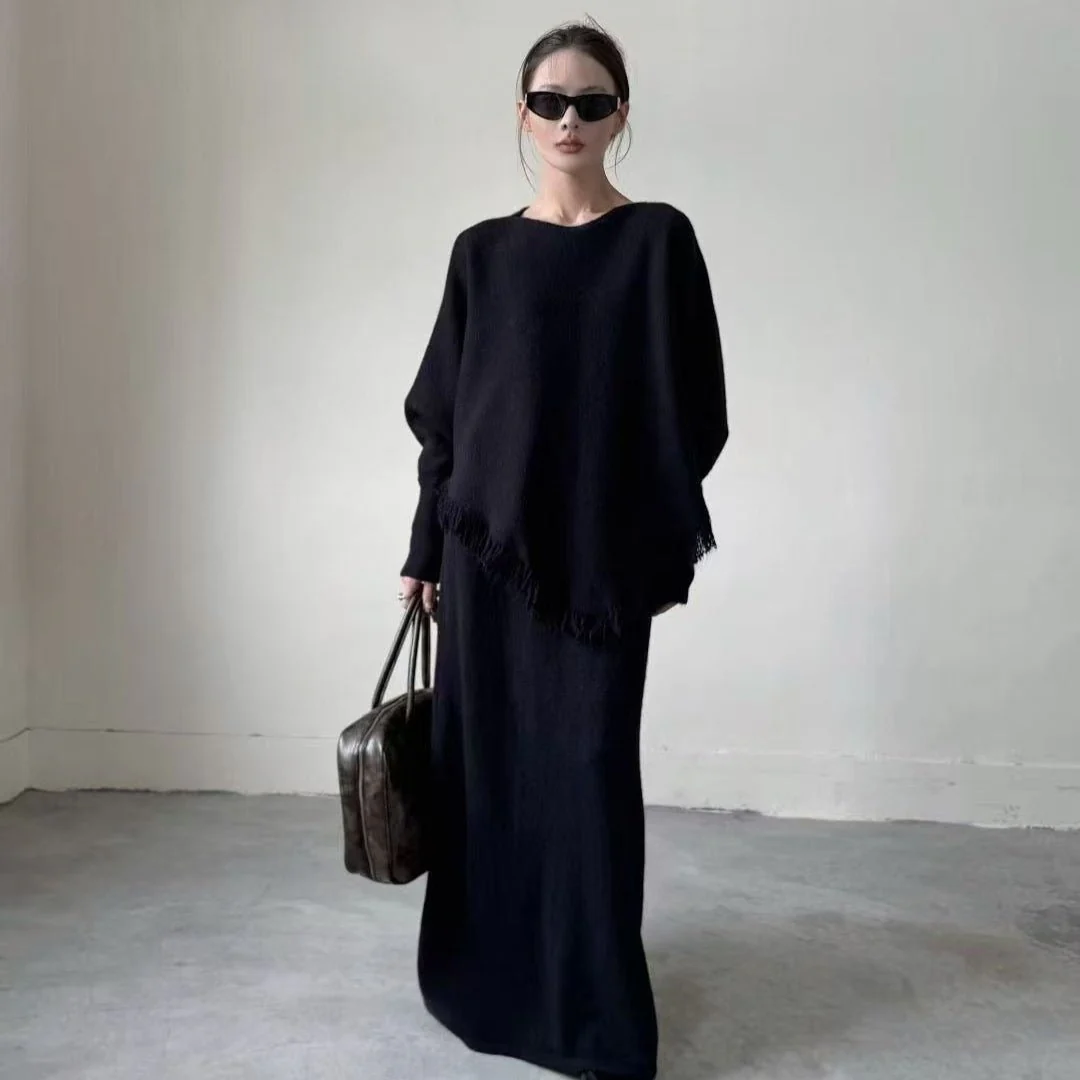 Fringed Knit Set With Batwing Sleeve Sweater And Midi Skirt (MS172) - Image 24