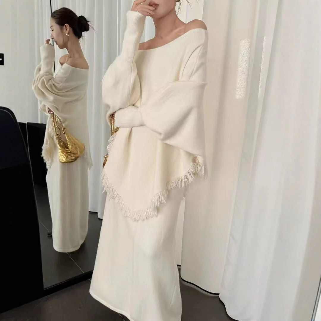 Fringed Knit Set With Batwing Sleeve Sweater And Midi Skirt (MS172) - Image 4