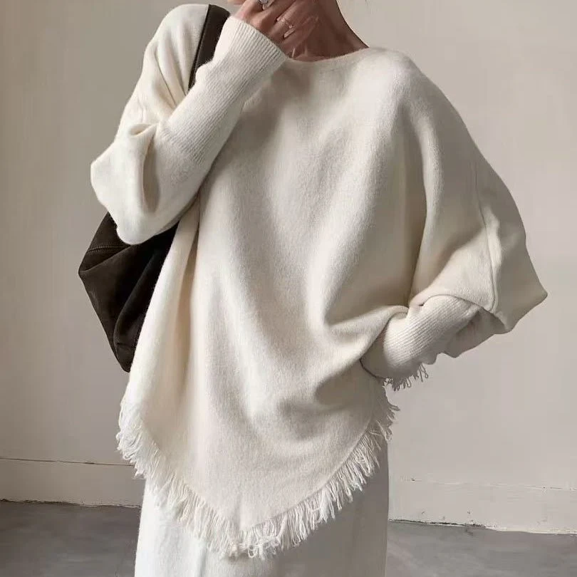 Fringed Knit Set With Batwing Sleeve Sweater And Midi Skirt (MS172) - Image 6