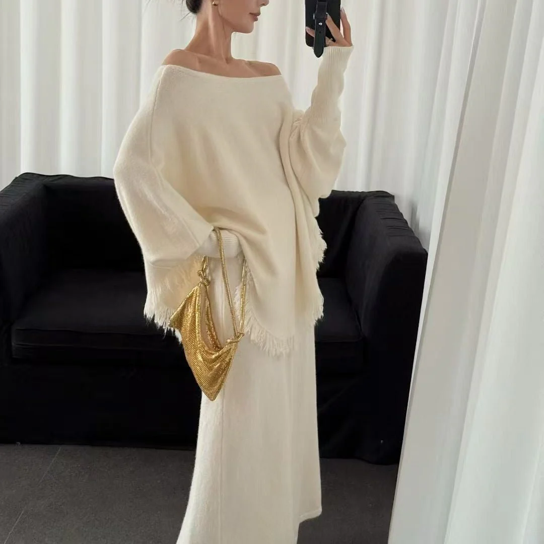Fringed Knit Set With Batwing Sleeve Sweater And Midi Skirt (MS172) - Image 7