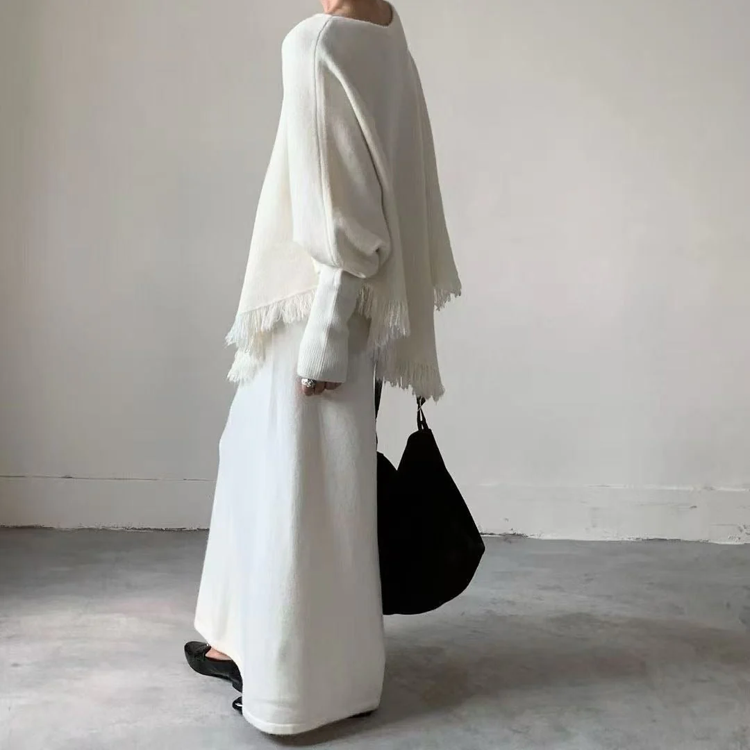 Fringed Knit Set With Batwing Sleeve Sweater And Midi Skirt (MS172) - Image 8