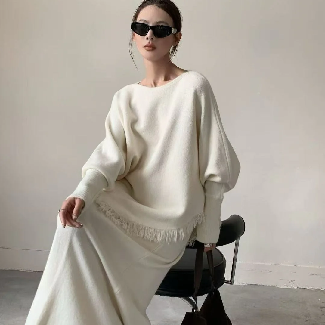 Fringed Knit Set With Batwing Sleeve Sweater And Midi Skirt (MS172) - Image 9