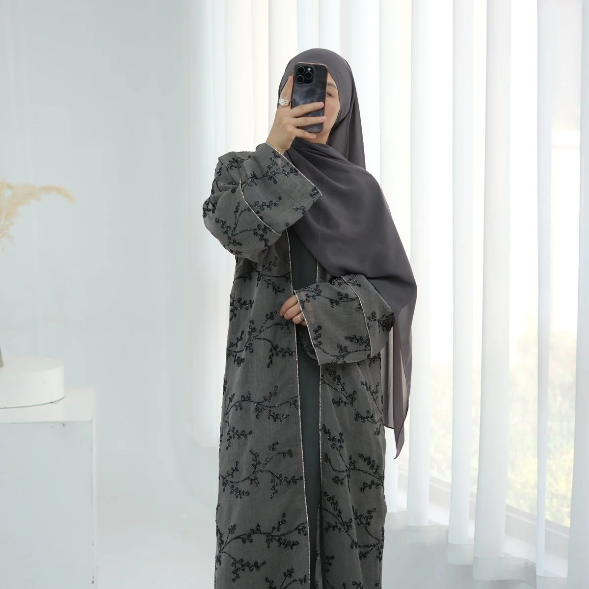 Fully Embroidered Abaya Set | Crystal Trim Vine Pattern Cardigan & Dress (MOA262) - Image 10