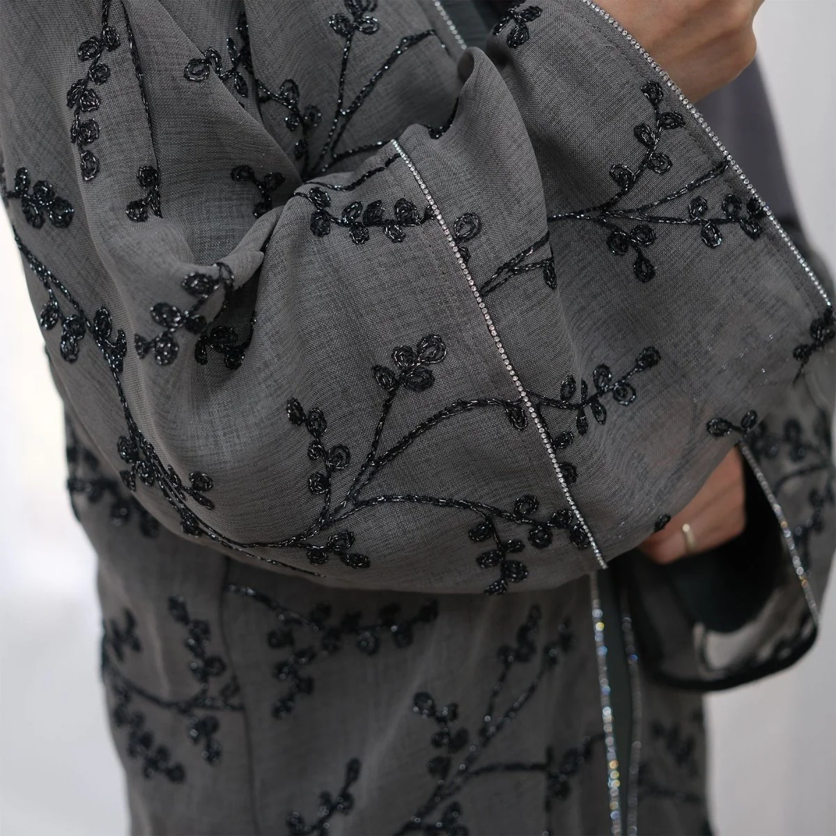 Fully Embroidered Abaya Set | Crystal Trim Vine Pattern Cardigan & Dress (MOA262) - Image 11