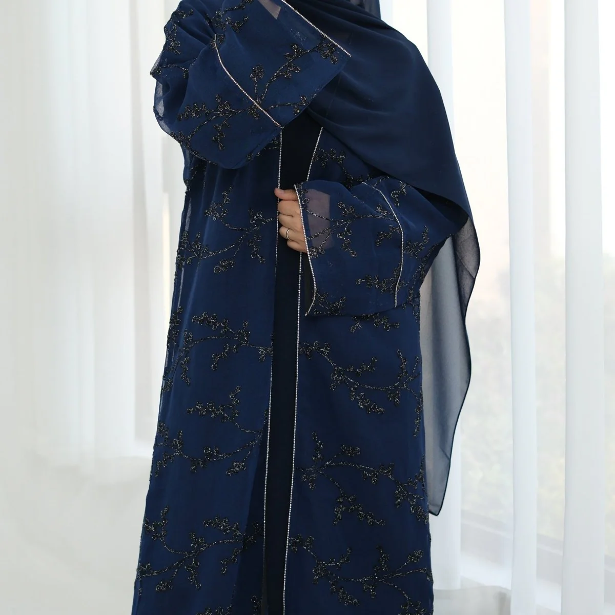 Fully Embroidered Abaya Set | Crystal Trim Vine Pattern Cardigan & Dress (MOA262) - Image 12