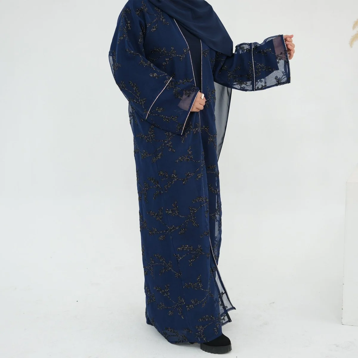 Fully Embroidered Abaya Set | Crystal Trim Vine Pattern Cardigan & Dress (MOA262) - Image 13
