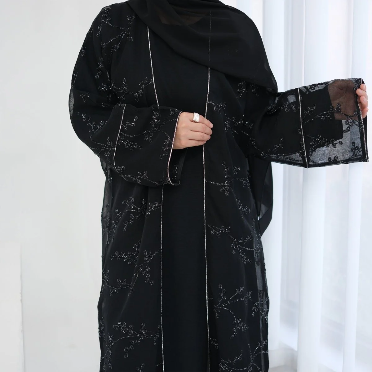 Fully Embroidered Abaya Set | Crystal Trim Vine Pattern Cardigan & Dress (MOA262) - Image 14