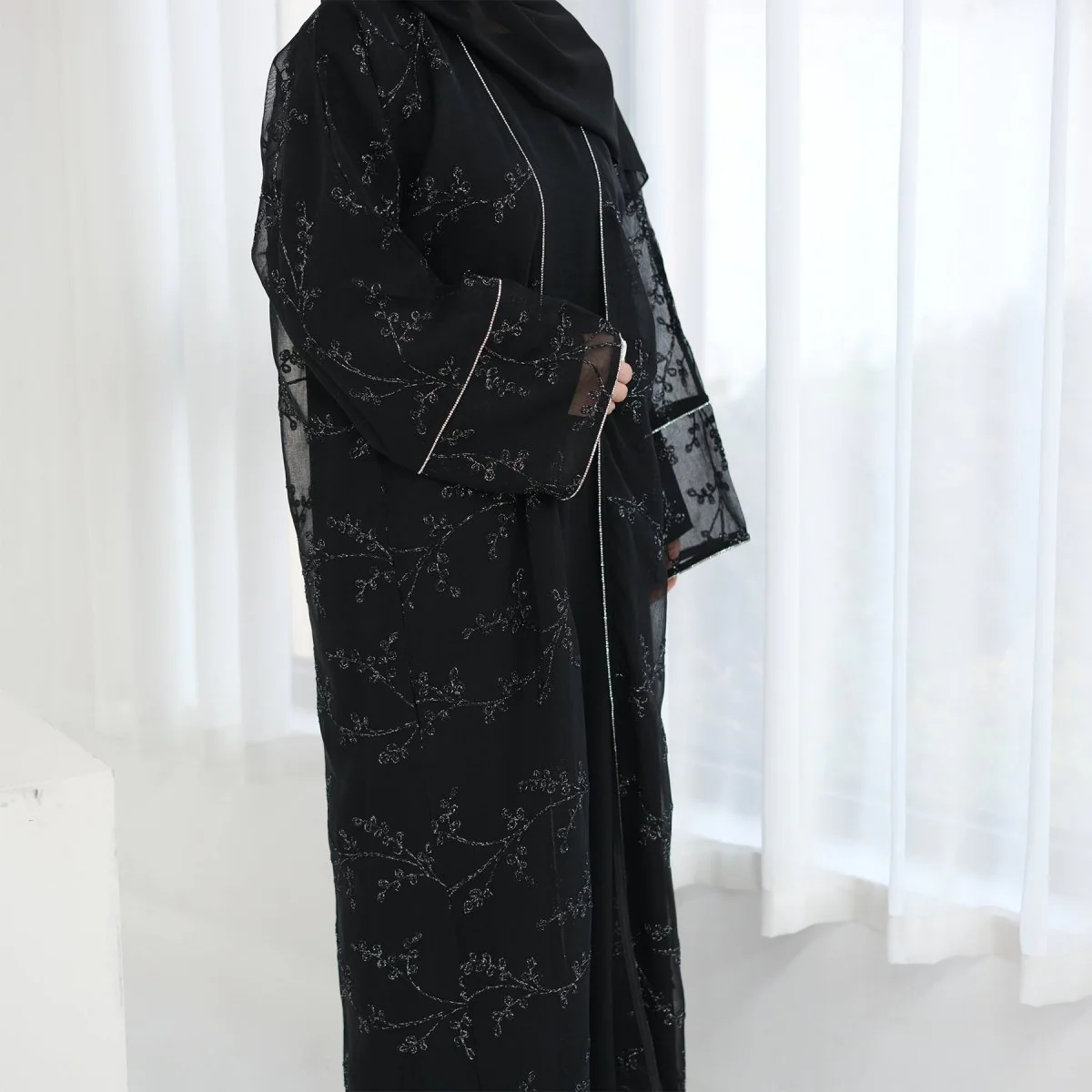 Fully Embroidered Abaya Set | Crystal Trim Vine Pattern Cardigan & Dress (MOA262) - Image 15