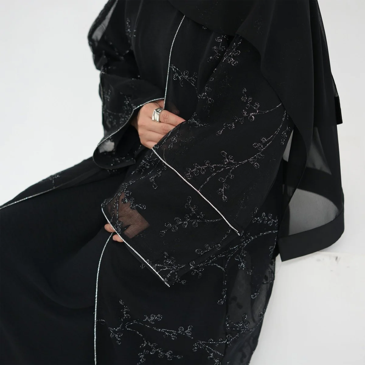 Fully Embroidered Abaya Set | Crystal Trim Vine Pattern Cardigan & Dress (MOA262) - Image 16