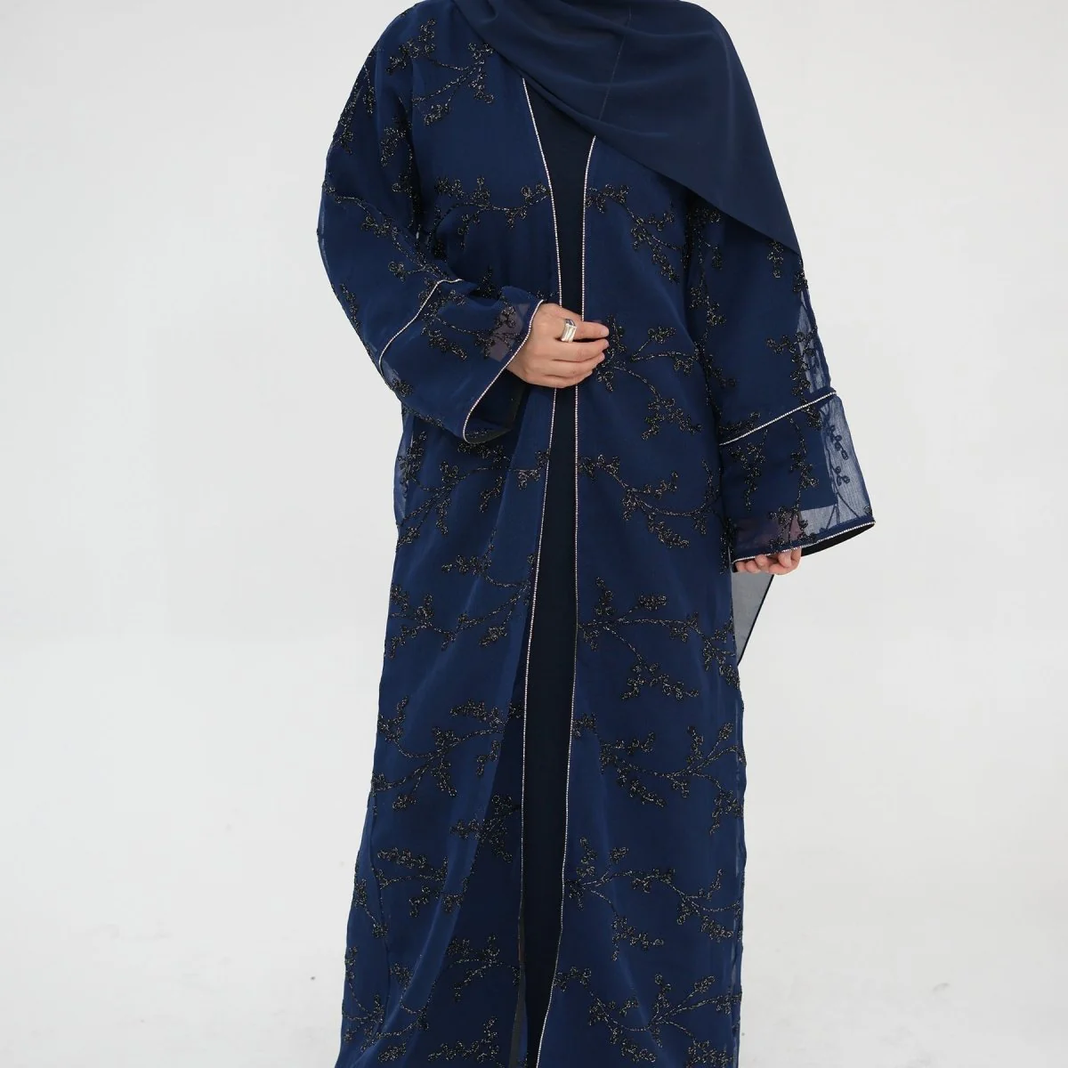 Fully Embroidered Abaya Set | Crystal Trim Vine Pattern Cardigan & Dress (MOA262) - Image 19