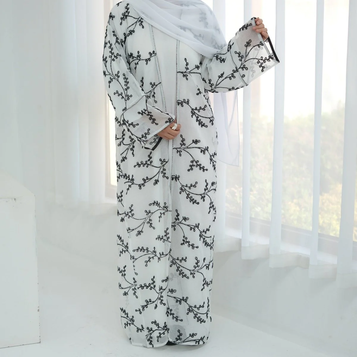 Fully Embroidered Abaya Set | Crystal Trim Vine Pattern Cardigan & Dress (MOA262) - Image 2