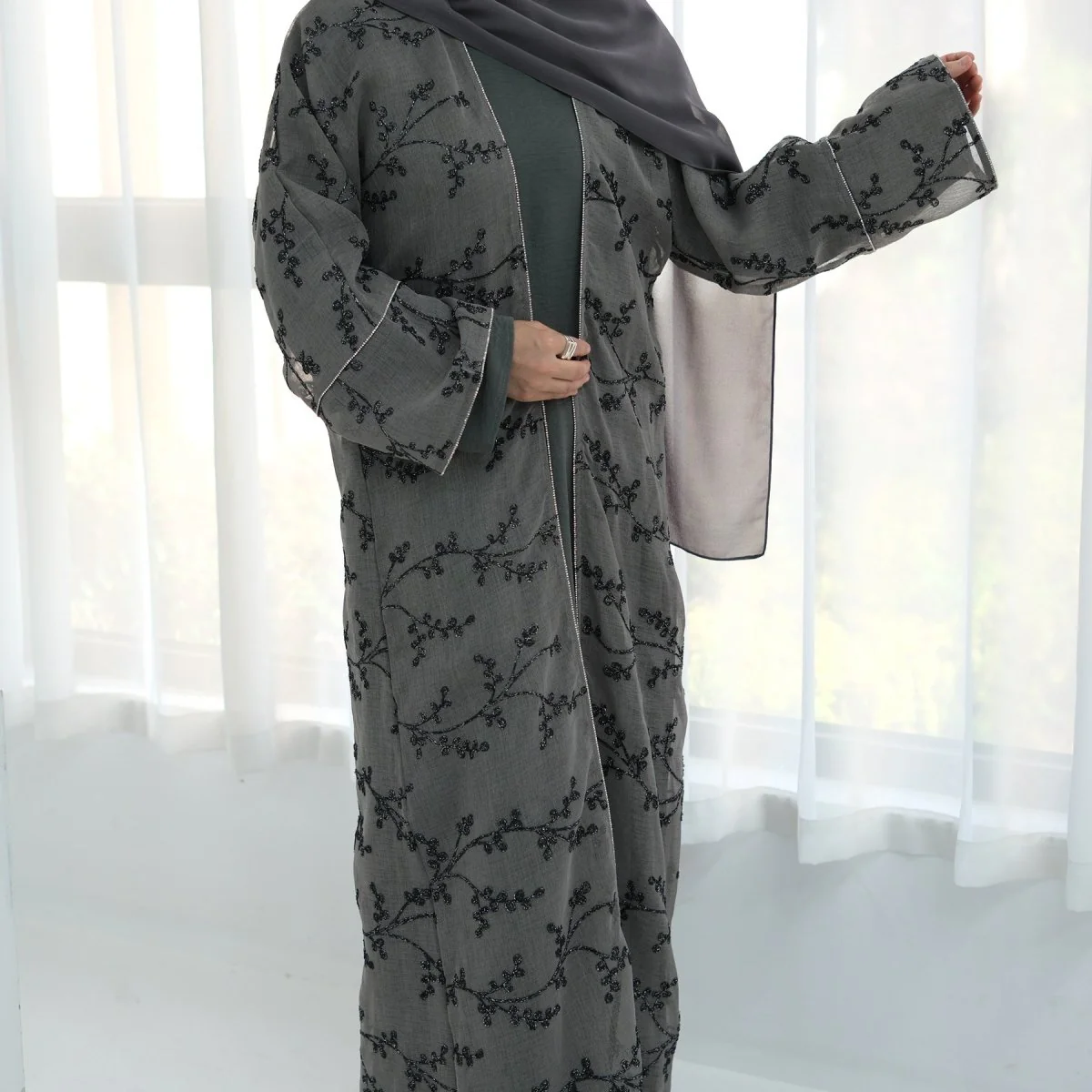 Fully Embroidered Abaya Set | Crystal Trim Vine Pattern Cardigan & Dress (MOA262) - Image 20