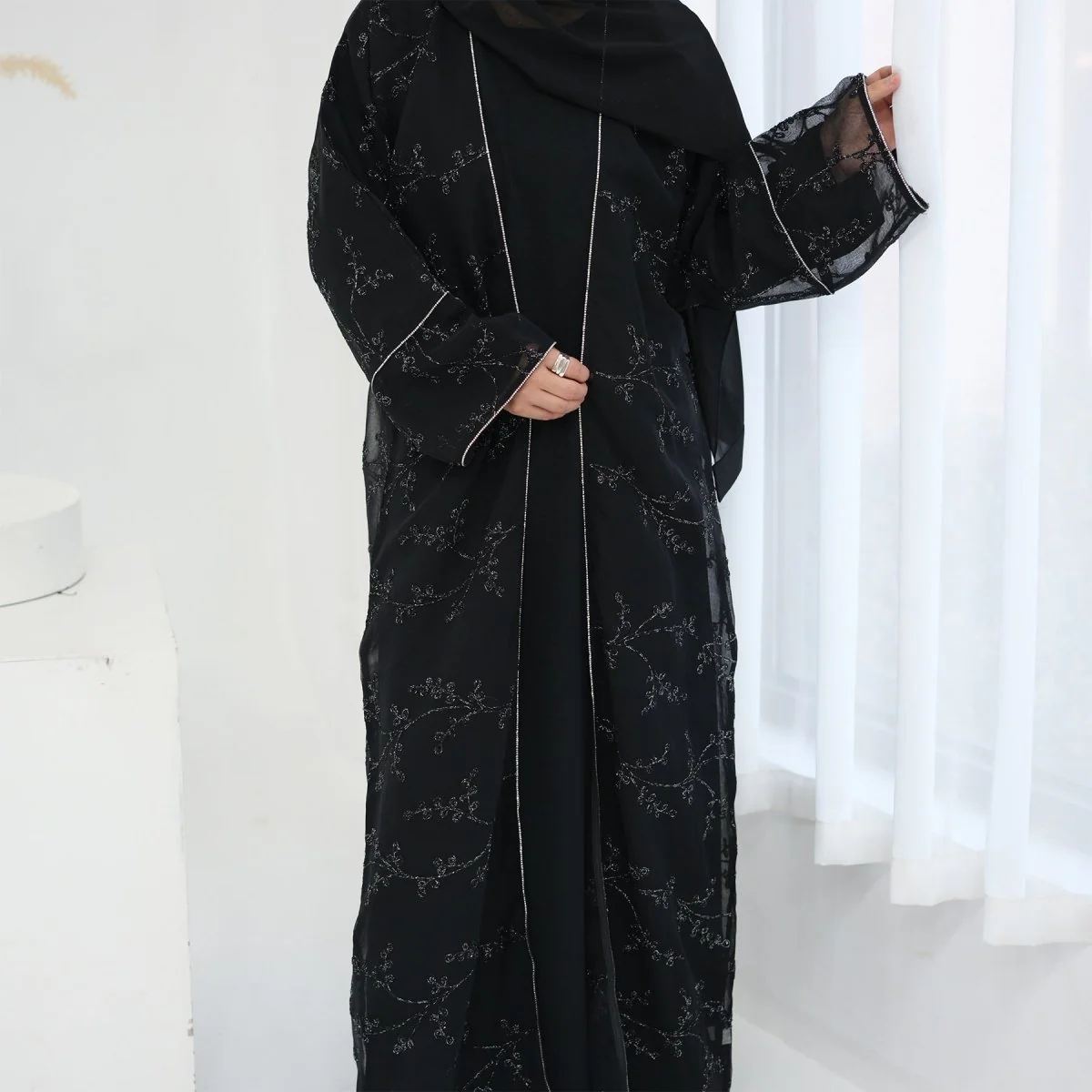 Fully Embroidered Abaya Set | Crystal Trim Vine Pattern Cardigan & Dress (MOA262) - Image 21