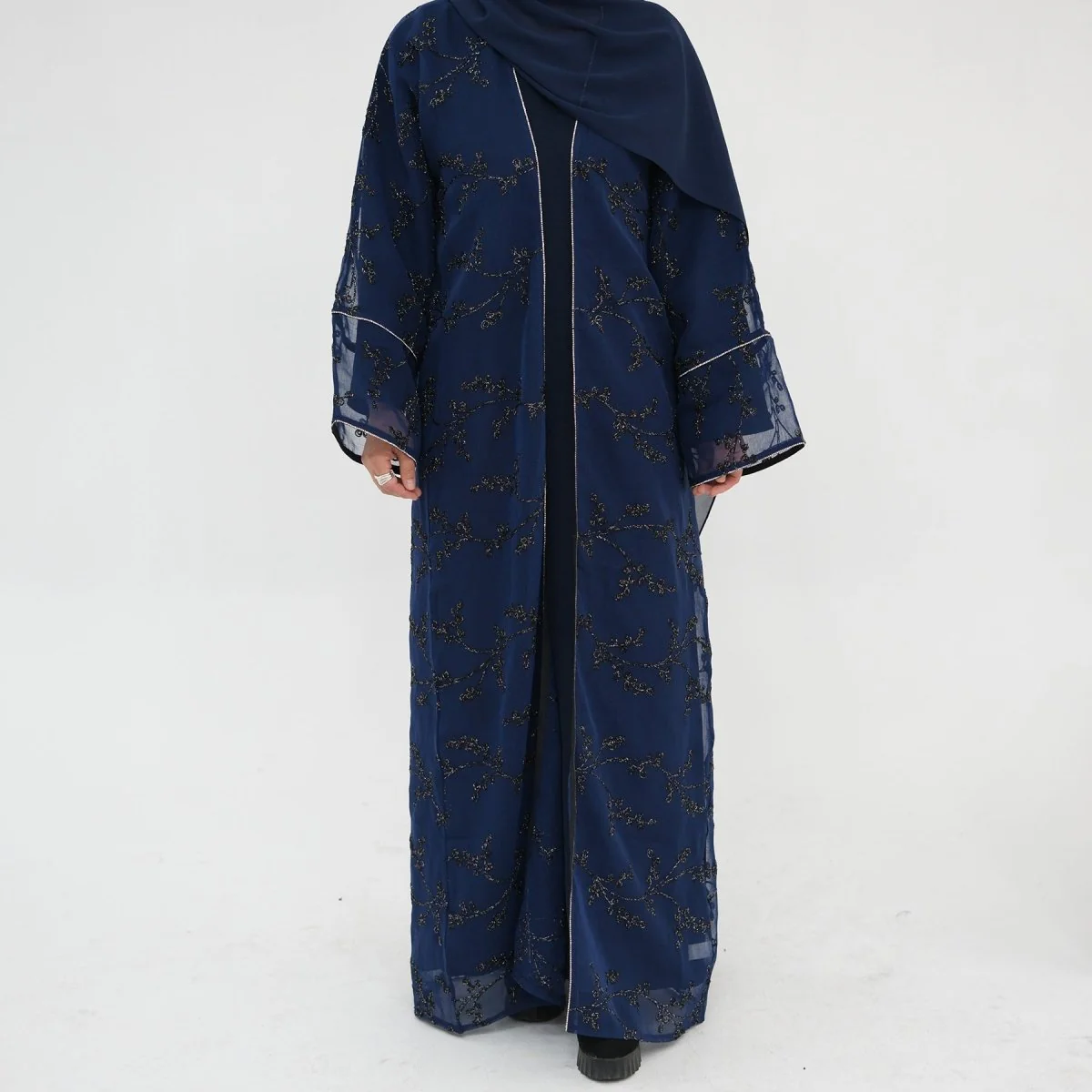 Fully Embroidered Abaya Set | Crystal Trim Vine Pattern Cardigan & Dress (MOA262) - Image 3