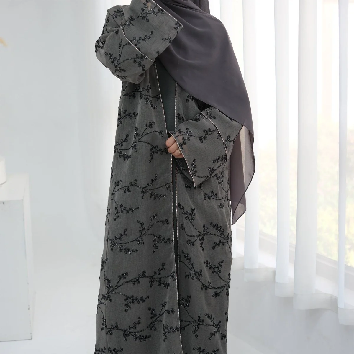 Fully Embroidered Abaya Set | Crystal Trim Vine Pattern Cardigan & Dress (MOA262) - Image 5