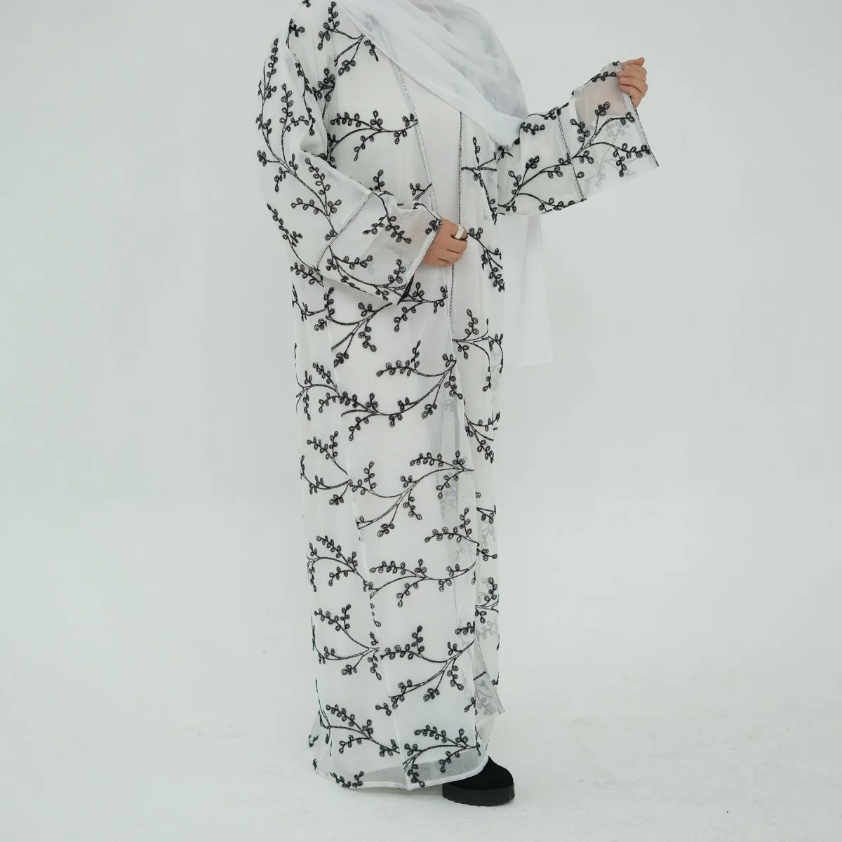 Fully Embroidered Abaya Set | Crystal Trim Vine Pattern Cardigan & Dress (MOA262) - Image 6