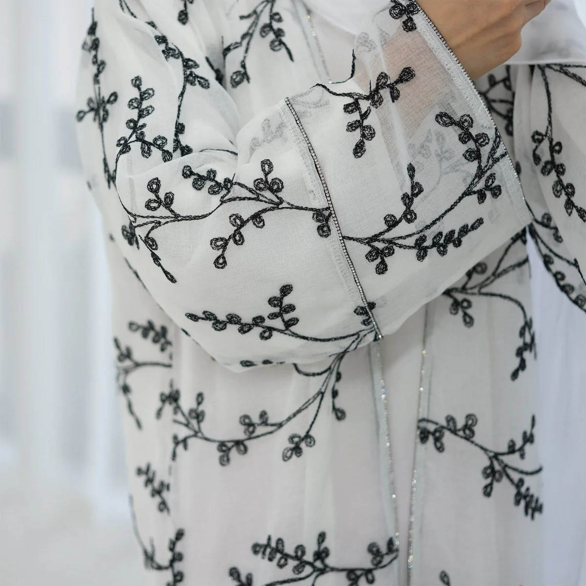 Fully Embroidered Abaya Set | Crystal Trim Vine Pattern Cardigan & Dress (MOA262) - Image 7