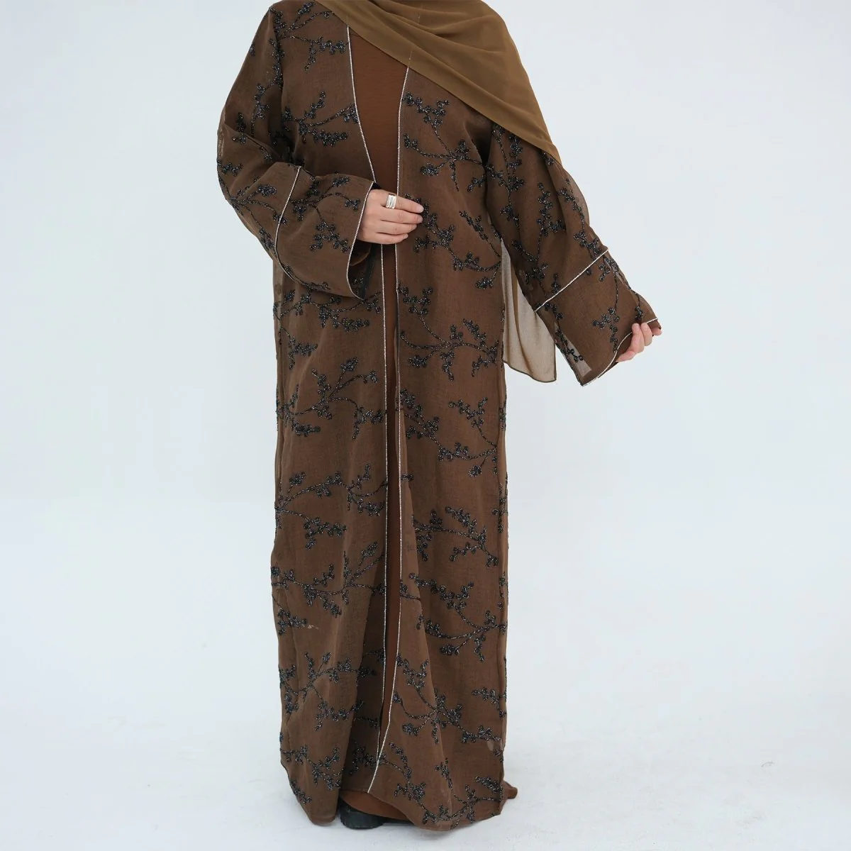 Fully Embroidered Abaya Set | Crystal Trim Vine Pattern Cardigan & Dress (MOA262) - Image 8