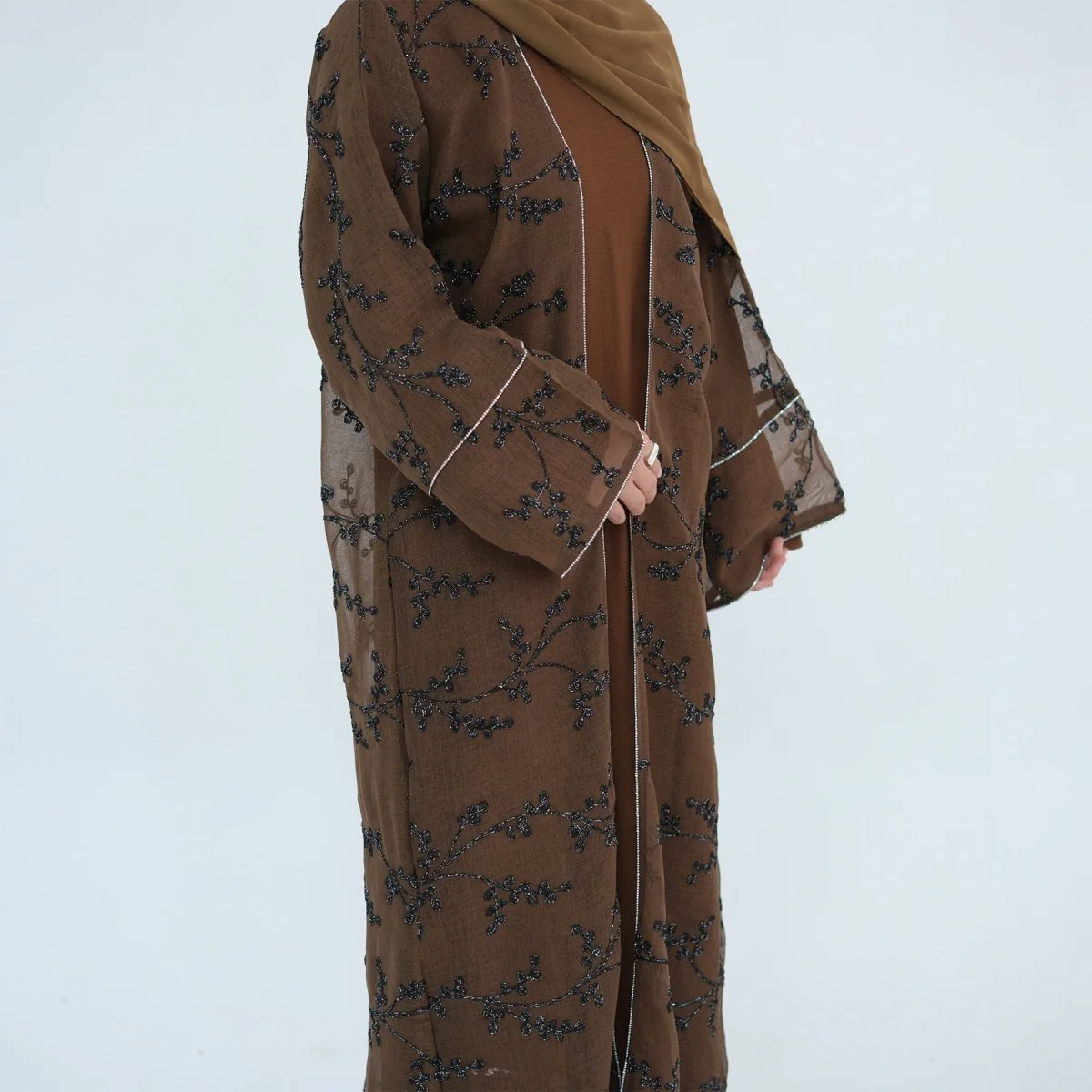 Fully Embroidered Abaya Set | Crystal Trim Vine Pattern Cardigan & Dress (MOA262) - Image 9