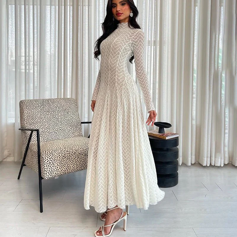 Geometric Lace Mock Neck Maxi Dress (MS397) - Image 2