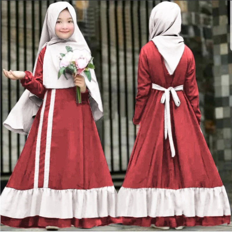 Girls Dress & Hijab Set with Contrast Trim(MKG025) - Image 2