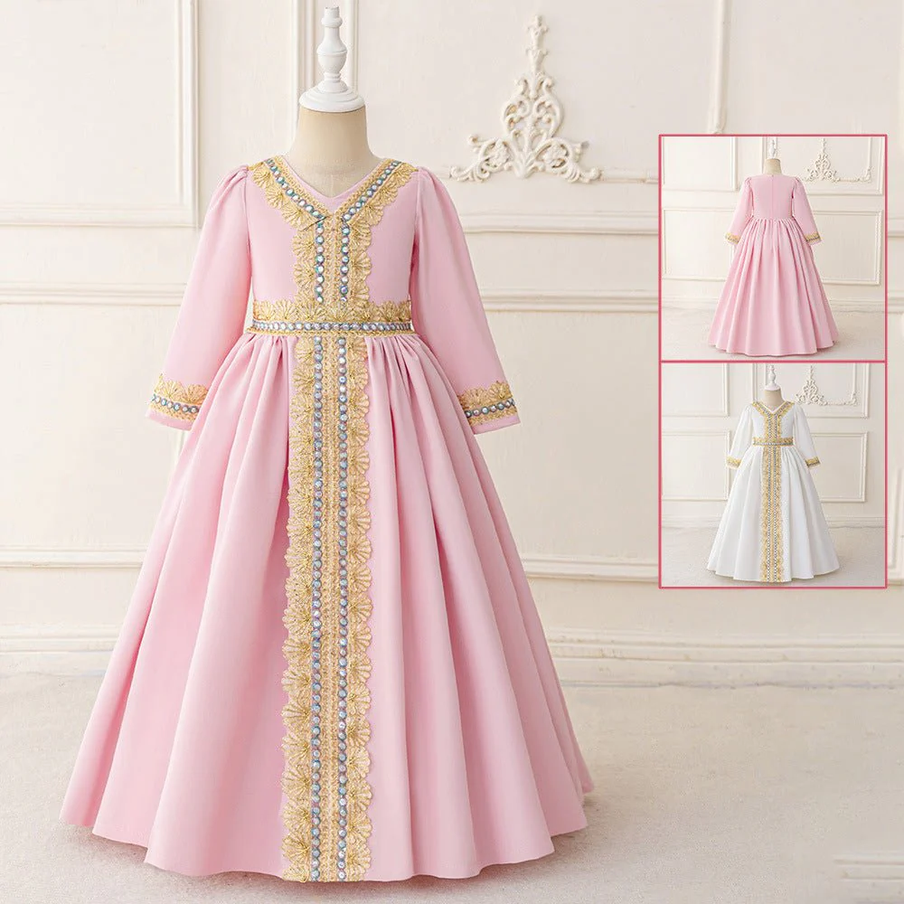 Girls Embroidered Kaftan Dress with Jeweled Belt(MKG021)
