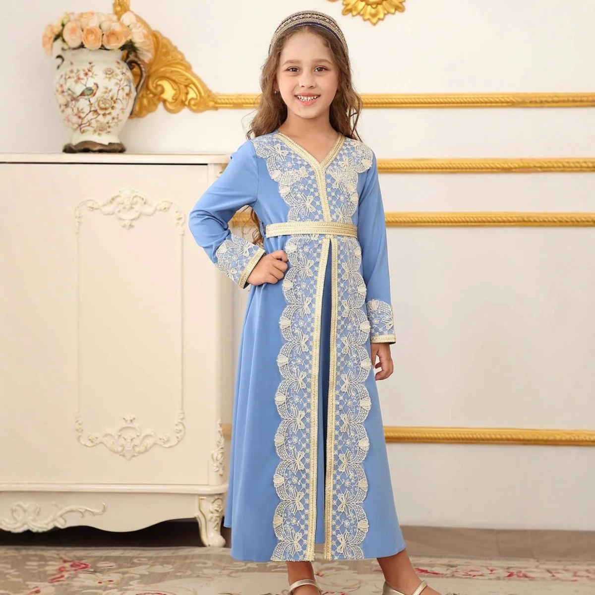 Girls Lace Trim Kaftan Dress | Elegant Kids Formal Abaya(MKG018) - Image 3