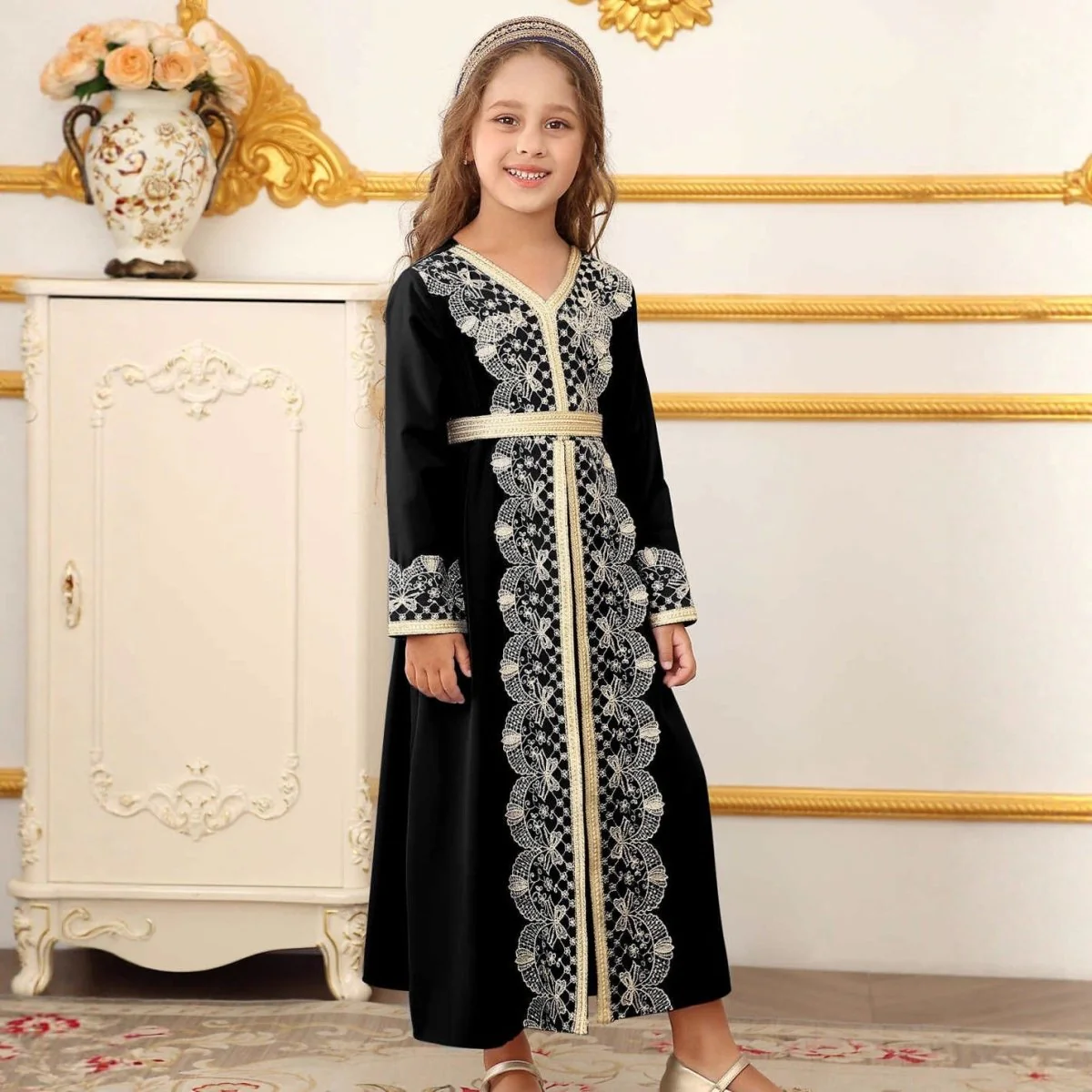 Girls Lace Trim Kaftan Dress | Elegant Kids Formal Abaya(MKG018) - Image 6