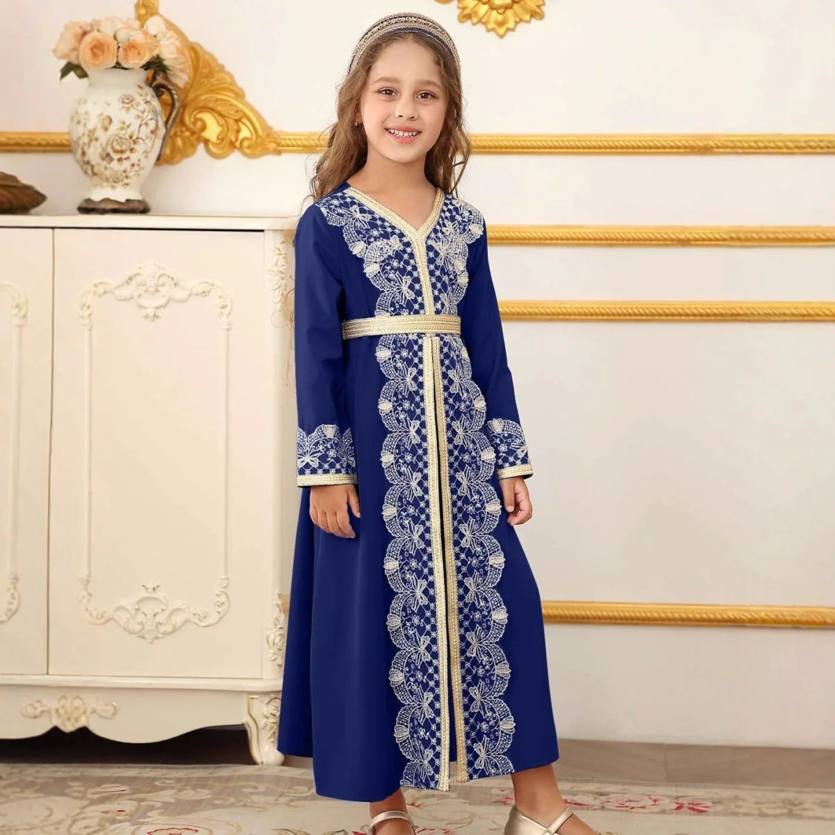 Girls Lace Trim Kaftan Dress | Elegant Kids Formal Abaya(MKG018) - Image 7