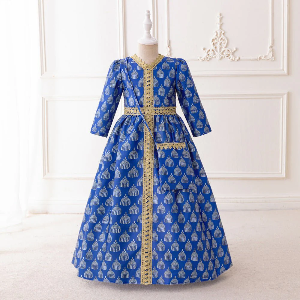 Girls Royal Blue Printed Kaftan Dress(MKG023)