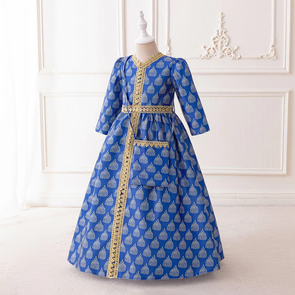 Girls Royal Blue Printed Kaftan Dress(MKG023) - Image 2